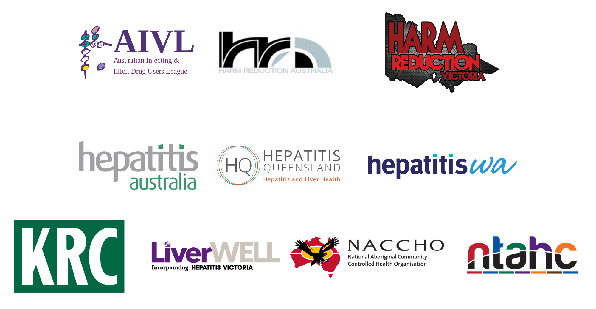 Logos for the following organisations: Australian Injecting and Illicit Drug Users League (AIVL), Harm Reduction Australia, Harm Reduction Victoria, Hepatitis Australia, Hepatitis Queensland, Hepatitis WA, Kirketon Road Centre, LiverWell, National Aboriginal Community Controlled Health Organisation (NACCHO), and Northern Territory AIDS and Hepatitis Council (NTAHC).
