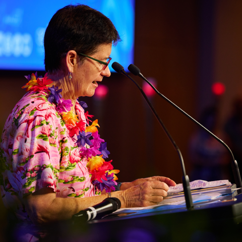 Liz speaking at a podium.