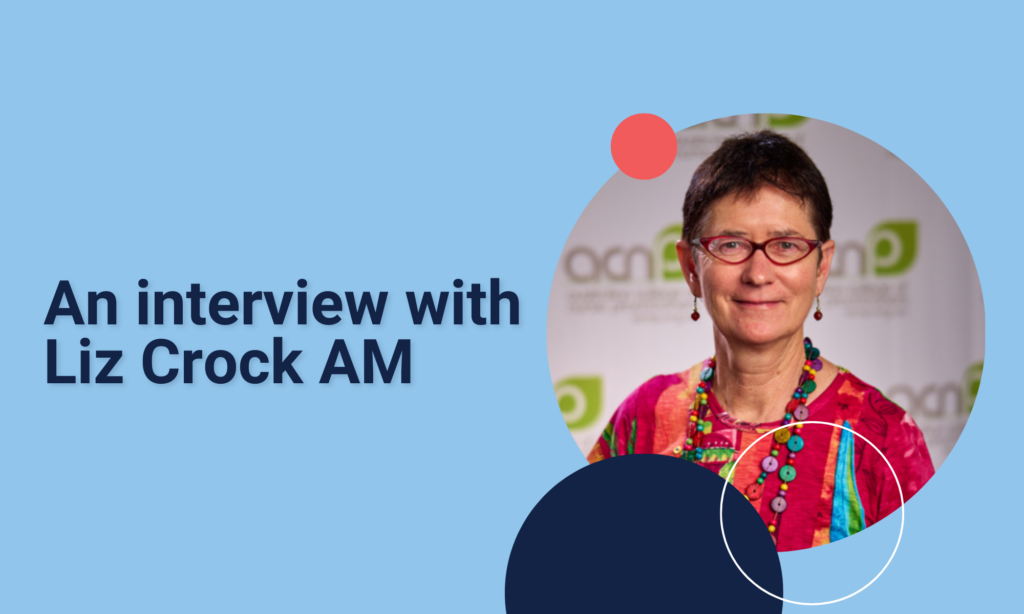 Photograph of Liz Crock AM. Text reads: An Interview with Liz Crock AM.
