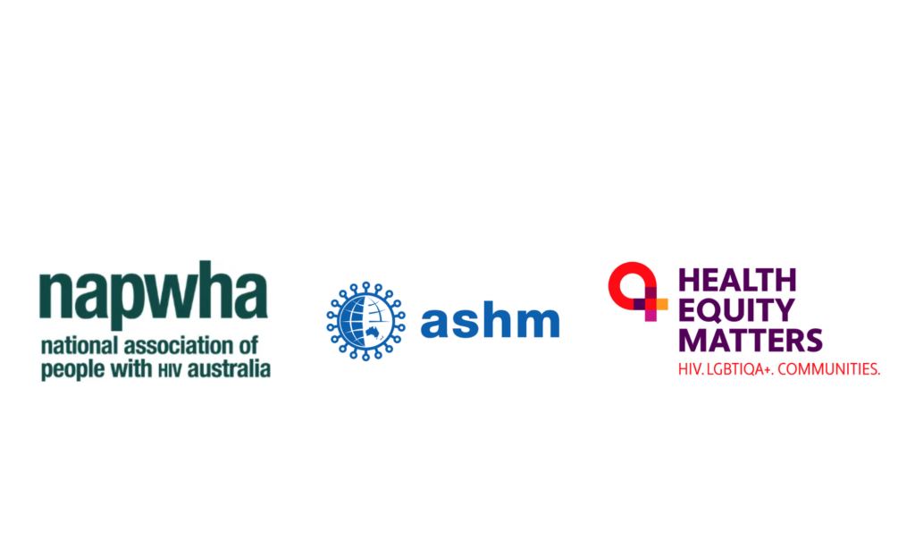 Three logos in a row, representing : National Association of People Living with HIV Australia, ASHM, and Health Equity Matters.